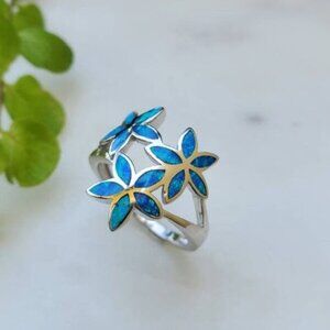 Hawaiian Plumeria Ring, Blue Opal Ring, Sterling Silver Women Flower Ring,